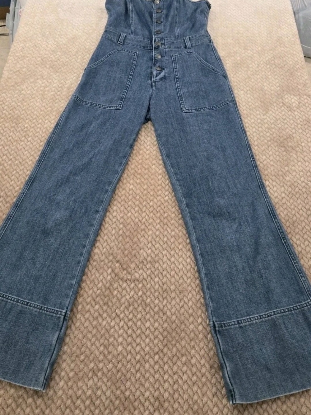 Aerie Denim Wide Leg Jumpsuit Small Button Front Utility Pocket Overalls - Picture 3 of 15